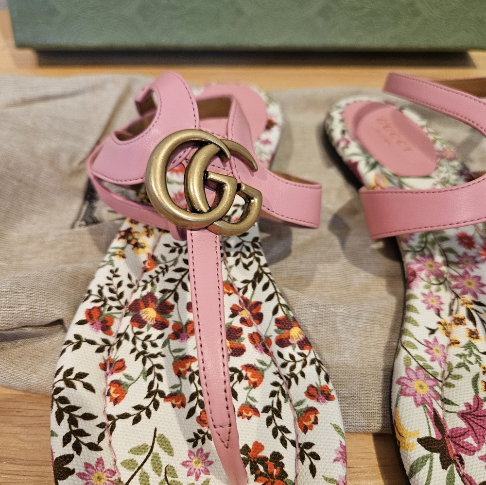NWT$790 GUCCI Double G Marmont Floral Leather Thong Flat Sandal Slides Sz 39 - Picture 9 of 9